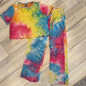 Kids Tie-Dye Short Sleeve Pajama Set in Pink, Blue & Yellow